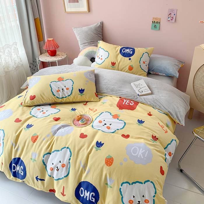 91家纺网 家纺一手货源 找家纺 澳萝拉 2020新款棉加绒印花四件套 千禧熊-黄