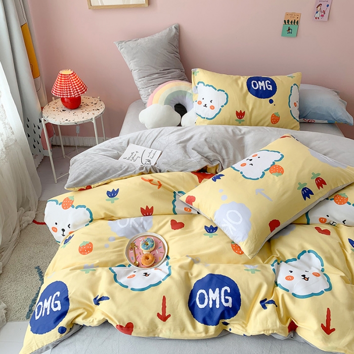 91家纺网 家纺一手货源 找家纺 澳萝拉 2020新款棉加绒印花四件套 千禧熊-黄