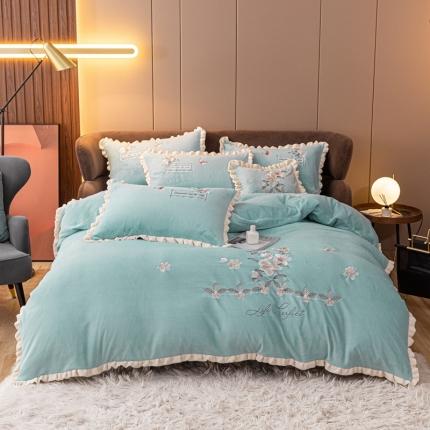 91家纺网 家纺一手货源 找家纺 2020款牛奶绒花边绣花四件套法莱绒水晶绒魔法莱绒宝宝绒被套