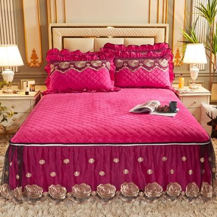 网红馆 2025新款罗马情怀水晶绒床裙三件套 罗马情怀玫红