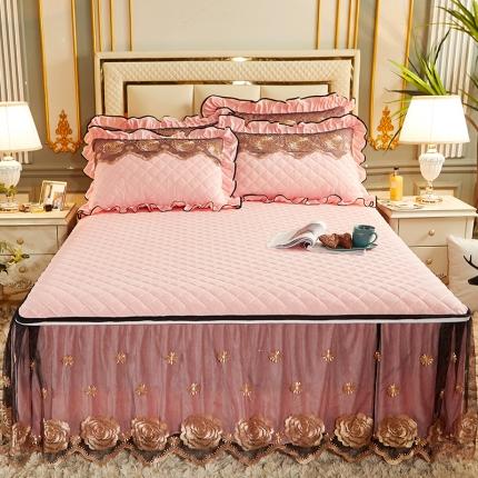 网红馆 2025新款罗马情怀水晶绒床裙三件套 罗马情怀藕粉