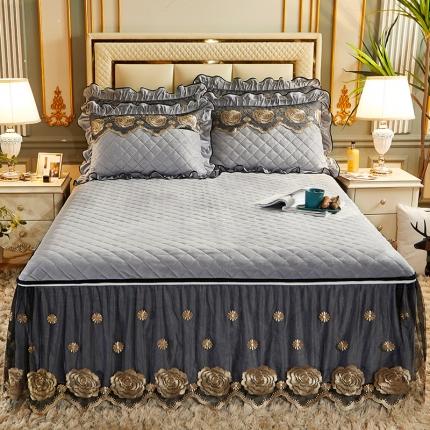 网红馆 2025新款罗马情怀水晶绒床裙三件套 罗马情怀烟灰