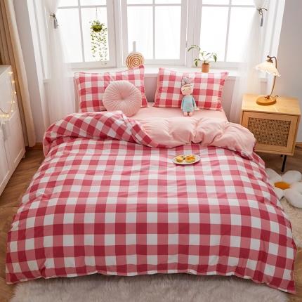 91家纺网 家纺一手货源 找家纺 一米阳光 2020新款全棉加牛奶绒四件套 豆粉格牛奶棉绒