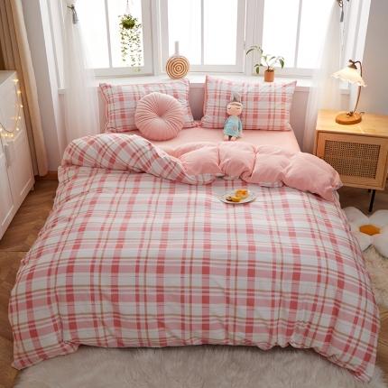 一米阳光 2020新款全棉加牛奶绒四件套 草莓粉牛奶棉绒