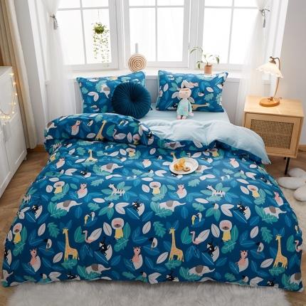 一米阳光 2020新款全棉加牛奶绒四件套 动物派对牛奶棉绒