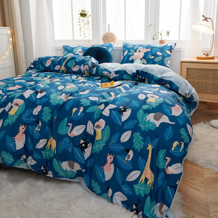 91家纺网 家纺一手货源 找家纺 一米阳光 2020新款全棉加牛奶绒四件套 动物派对牛奶棉绒