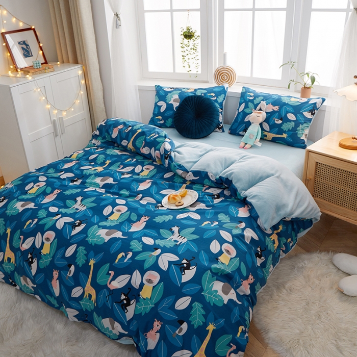 91家纺网 家纺一手货源 找家纺 一米阳光 2020新款全棉加牛奶绒四件套 动物派对牛奶棉绒