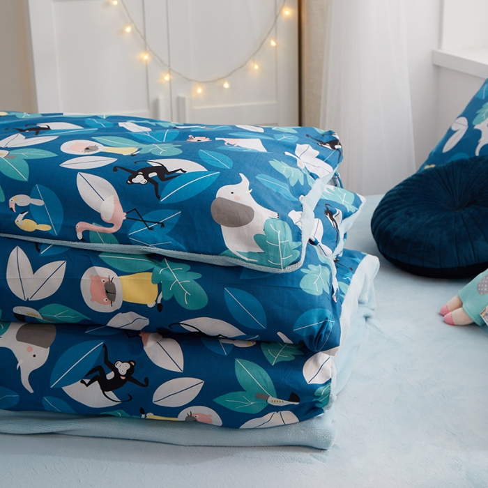 91家纺网 家纺一手货源 找家纺 一米阳光 2020新款全棉加牛奶绒四件套 动物派对牛奶棉绒