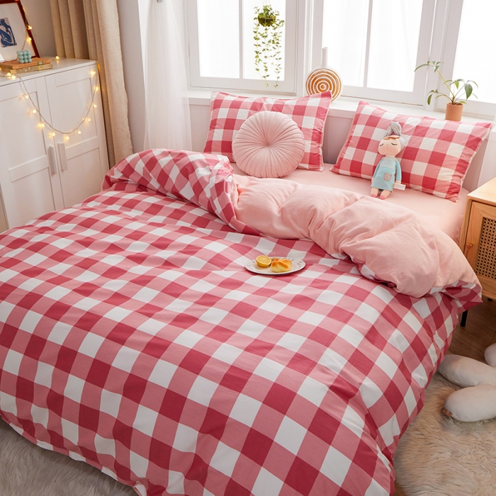 91家纺网 家纺一手货源 找家纺 一米阳光 2020新款全棉加牛奶绒四件套 豆粉格牛奶棉绒