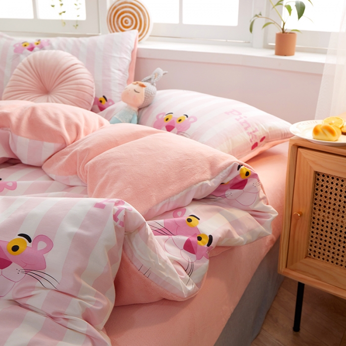 91家纺网 家纺一手货源 找家纺 一米阳光 2020新款全棉加牛奶绒四件套 粉粉豹牛奶棉绒