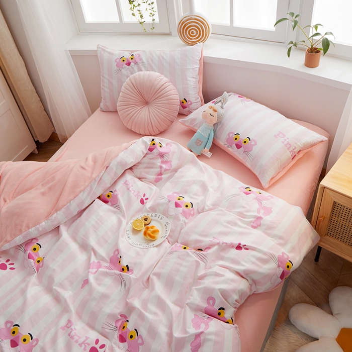 91家纺网 家纺一手货源 找家纺 一米阳光 2020新款全棉加牛奶绒四件套 粉粉豹牛奶棉绒