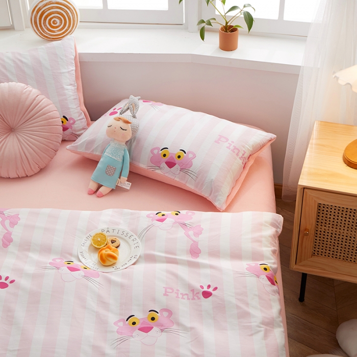 91家纺网 家纺一手货源 找家纺 一米阳光 2020新款全棉加牛奶绒四件套 粉粉豹牛奶棉绒