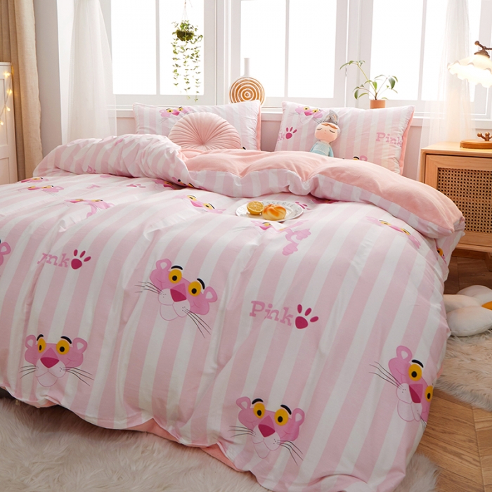 91家纺网 家纺一手货源 找家纺 一米阳光 2020新款全棉加牛奶绒四件套 粉粉豹牛奶棉绒