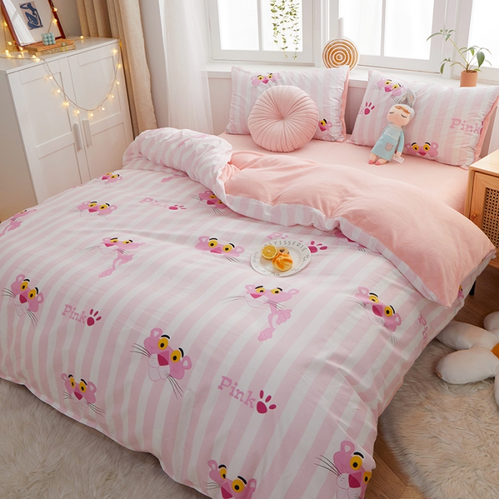 91家纺网 家纺一手货源 找家纺 一米阳光 2020新款全棉加牛奶绒四件套 粉粉豹牛奶棉绒