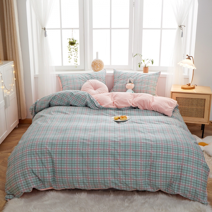 91家纺网 家纺一手货源 找家纺 一米阳光 2020新款全棉加牛奶绒四件套 抹茶绿牛奶棉绒