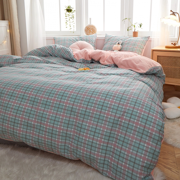 91家纺网 家纺一手货源 找家纺 一米阳光 2020新款全棉加牛奶绒四件套 抹茶绿牛奶棉绒