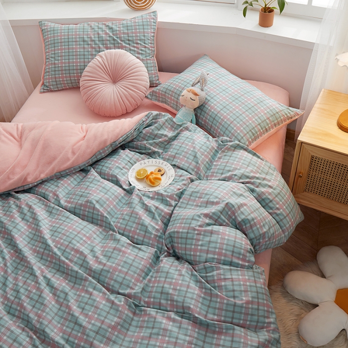 91家纺网 家纺一手货源 找家纺 一米阳光 2020新款全棉加牛奶绒四件套 抹茶绿牛奶棉绒