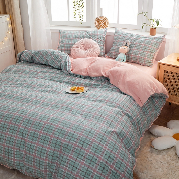 91家纺网 家纺一手货源 找家纺 一米阳光 2020新款全棉加牛奶绒四件套 抹茶绿牛奶棉绒