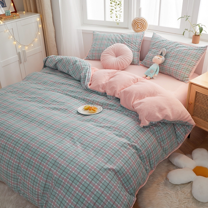 91家纺网 家纺一手货源 找家纺 一米阳光 2020新款全棉加牛奶绒四件套 抹茶绿牛奶棉绒