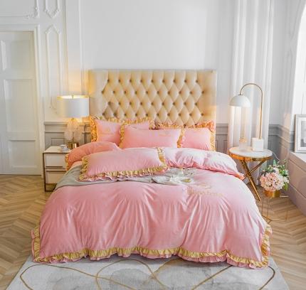 91家纺网 家纺一手货源 找家纺 米奈 2020新款水晶绒法莱绒牛奶绒轻奢刺绣四件套 嫩粉