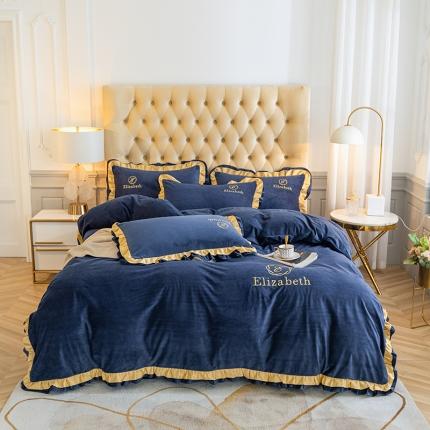 91家纺网 家纺一手货源 找家纺 米奈 2020新款水晶绒法莱绒牛奶绒轻奢刺绣四件套 深蓝