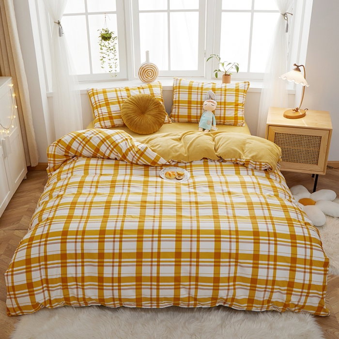 91家纺网 家纺一手货源 找家纺 一米阳光 2020新款全棉加牛奶绒四件套 甜橙黄牛奶棉绒