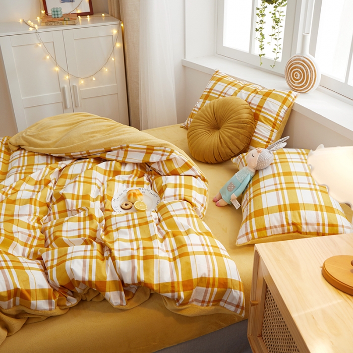 91家纺网 家纺一手货源 找家纺 一米阳光 2020新款全棉加牛奶绒四件套 甜橙黄牛奶棉绒