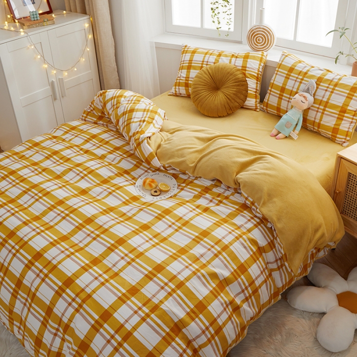 91家纺网 家纺一手货源 找家纺 一米阳光 2020新款全棉加牛奶绒四件套 甜橙黄牛奶棉绒