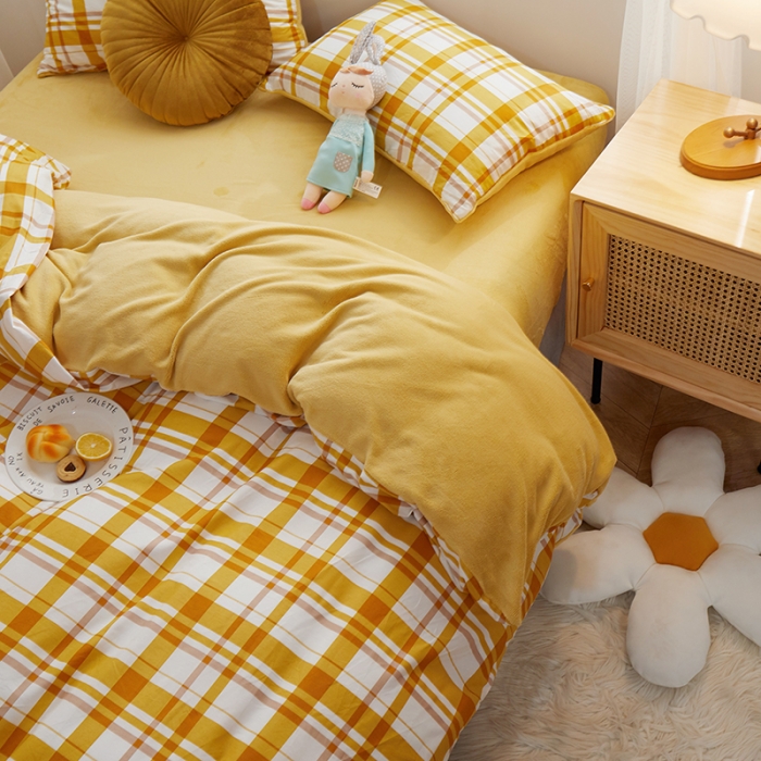 91家纺网 家纺一手货源 找家纺 一米阳光 2020新款全棉加牛奶绒四件套 甜橙黄牛奶棉绒