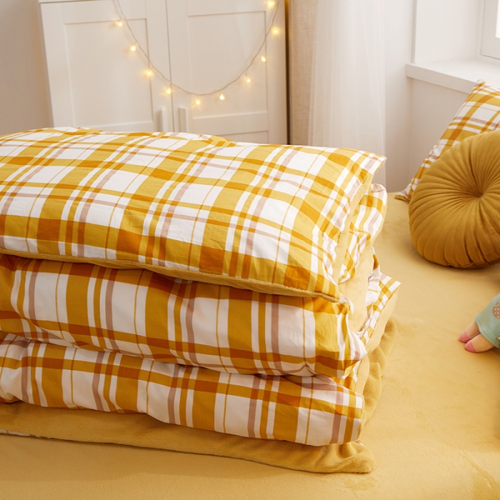 91家纺网 家纺一手货源 找家纺 一米阳光 2020新款全棉加牛奶绒四件套 甜橙黄牛奶棉绒