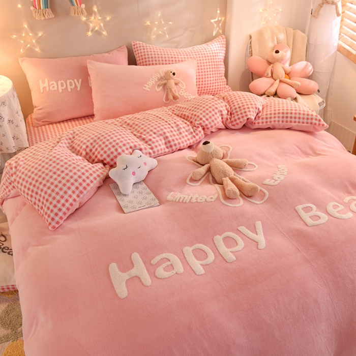 91家纺网 家纺一手货源 找家纺 绒世界2020保暖牛奶绒宝宝绒法兰绒四件套快乐熊系列 快乐熊-全粉