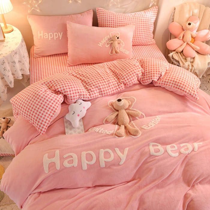 91家纺网 家纺一手货源 找家纺 绒世界2020保暖牛奶绒宝宝绒法兰绒四件套快乐熊系列 快乐熊-全粉