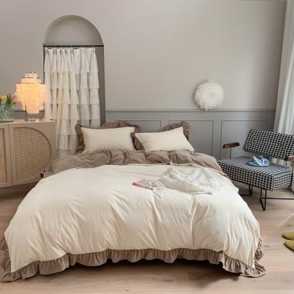 91家纺网 家纺一手货源 找家纺 时年 2021新款婴肤绒纯色花边款四件套 奶油泡芙