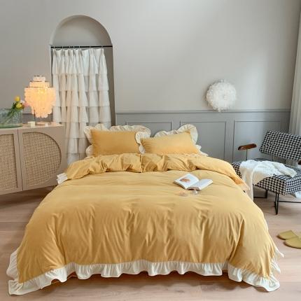 91家纺网 家纺一手货源 找家纺 时年 2021新款婴肤绒纯色花边款四件套 杨枝甘露