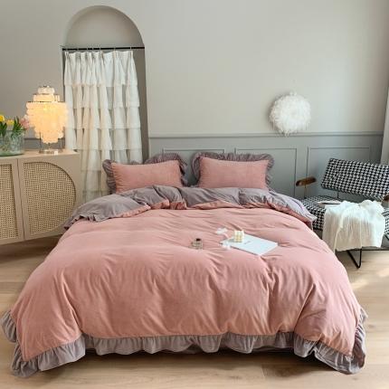 91家纺网 家纺一手货源 找家纺 时年 2021新款婴肤绒纯色花边款四件套 芝芝莓莓