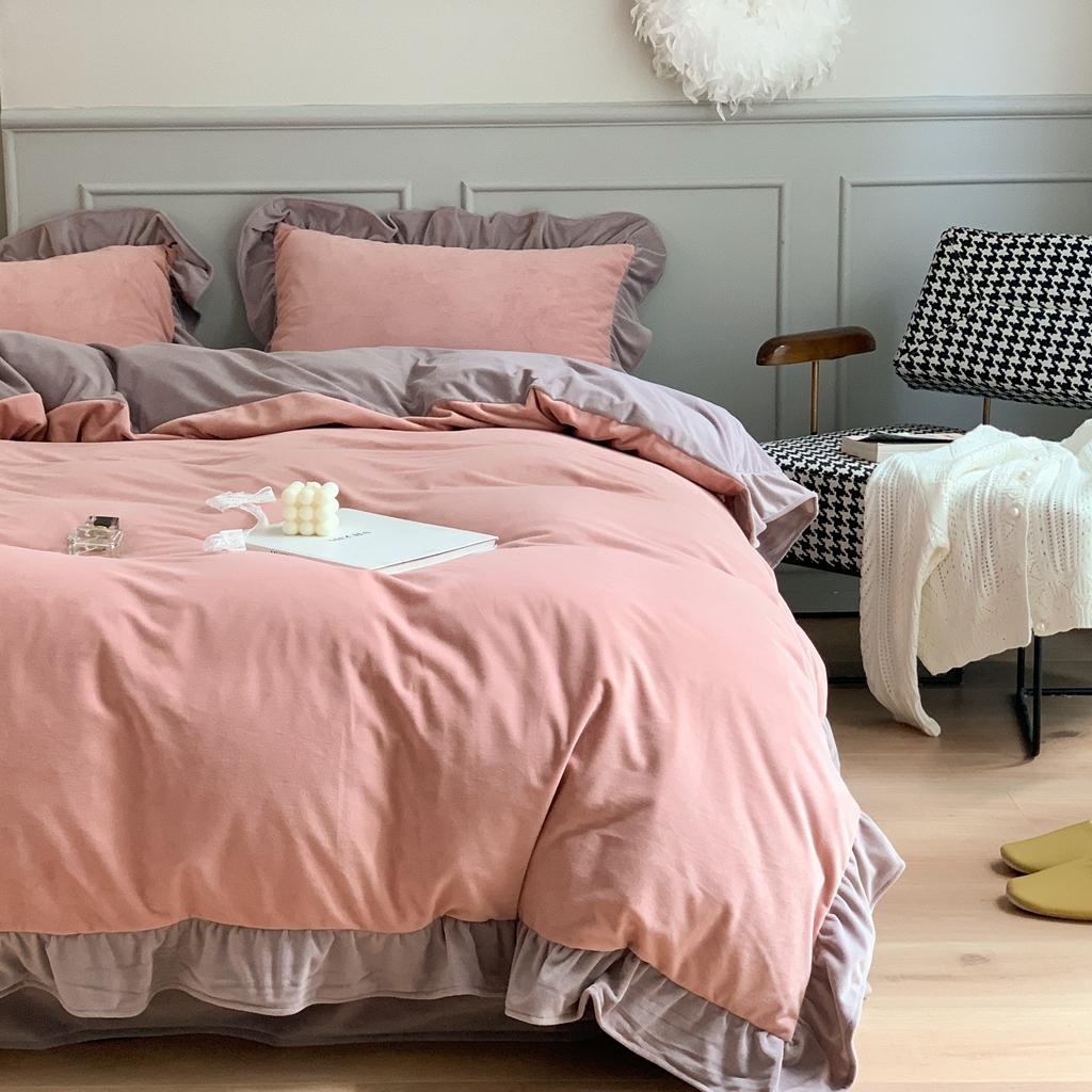 91家纺网 家纺一手货源 找家纺 时年 2021新款婴肤绒纯色花边款四件套 芝芝莓莓