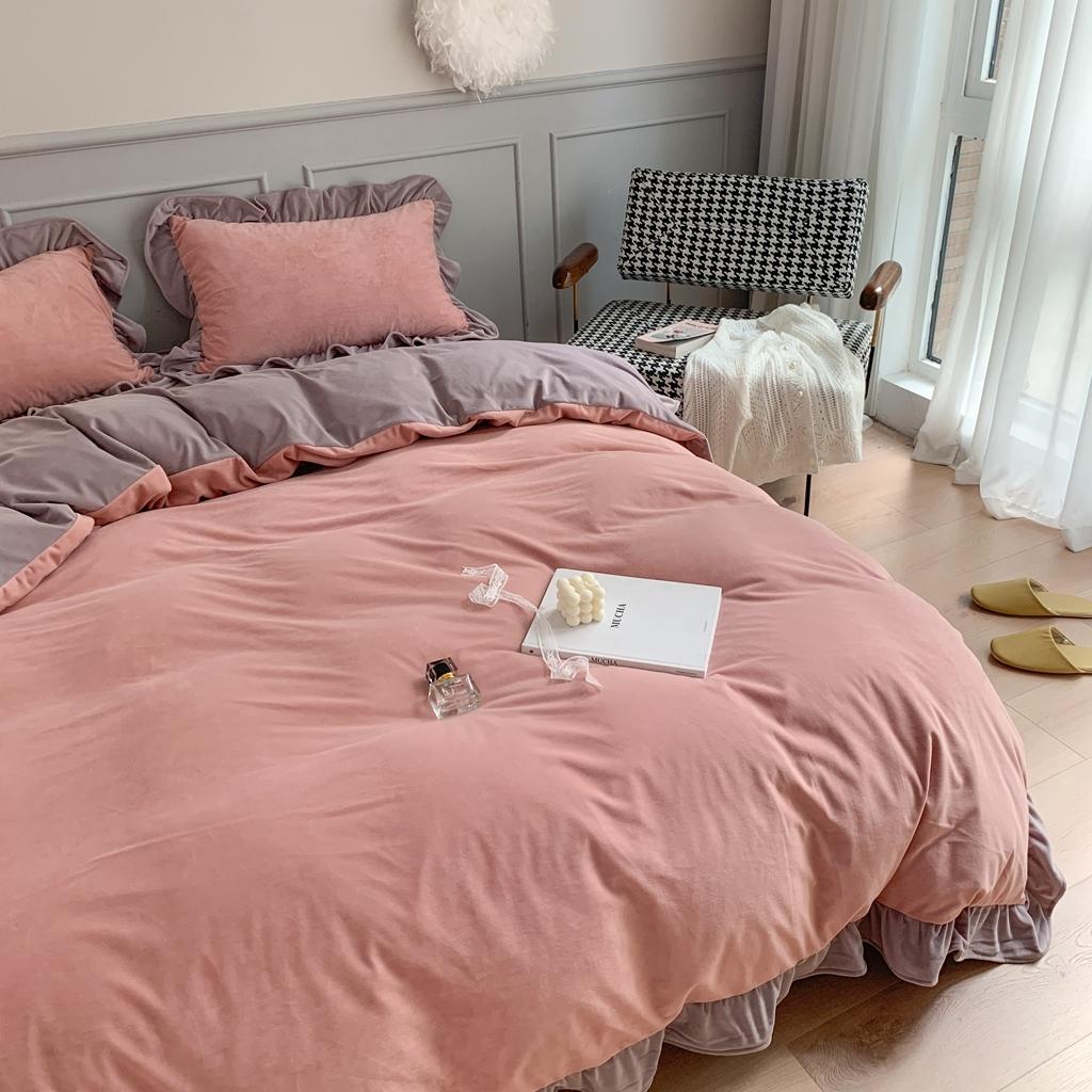 91家纺网 家纺一手货源 找家纺 时年 2021新款婴肤绒纯色花边款四件套 芝芝莓莓