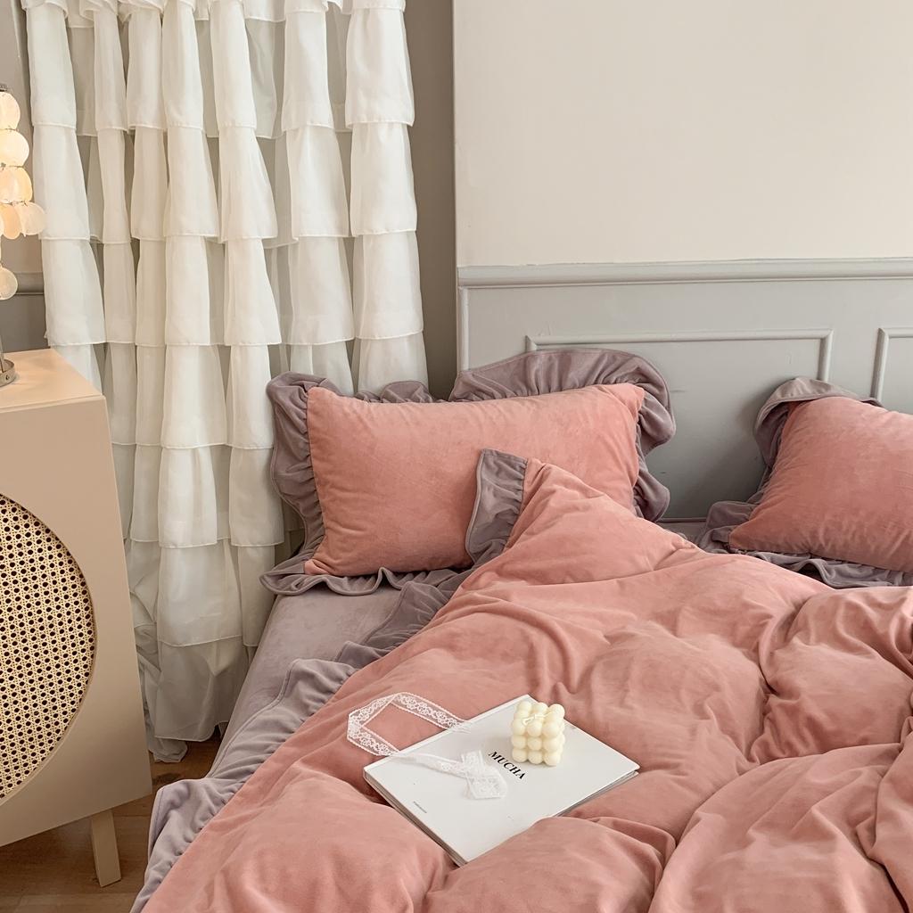 91家纺网 家纺一手货源 找家纺 时年 2021新款婴肤绒纯色花边款四件套 芝芝莓莓