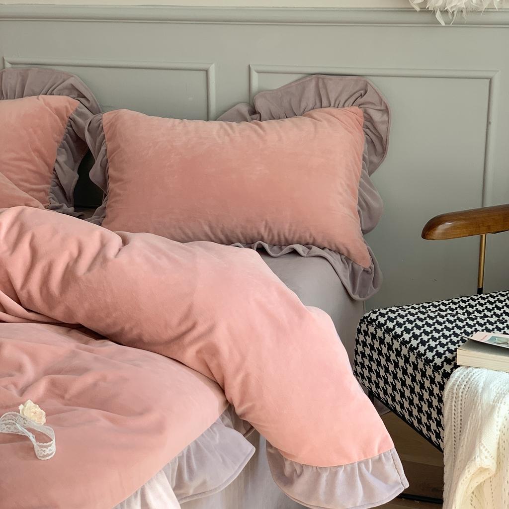 91家纺网 家纺一手货源 找家纺 时年 2021新款婴肤绒纯色花边款四件套 芝芝莓莓