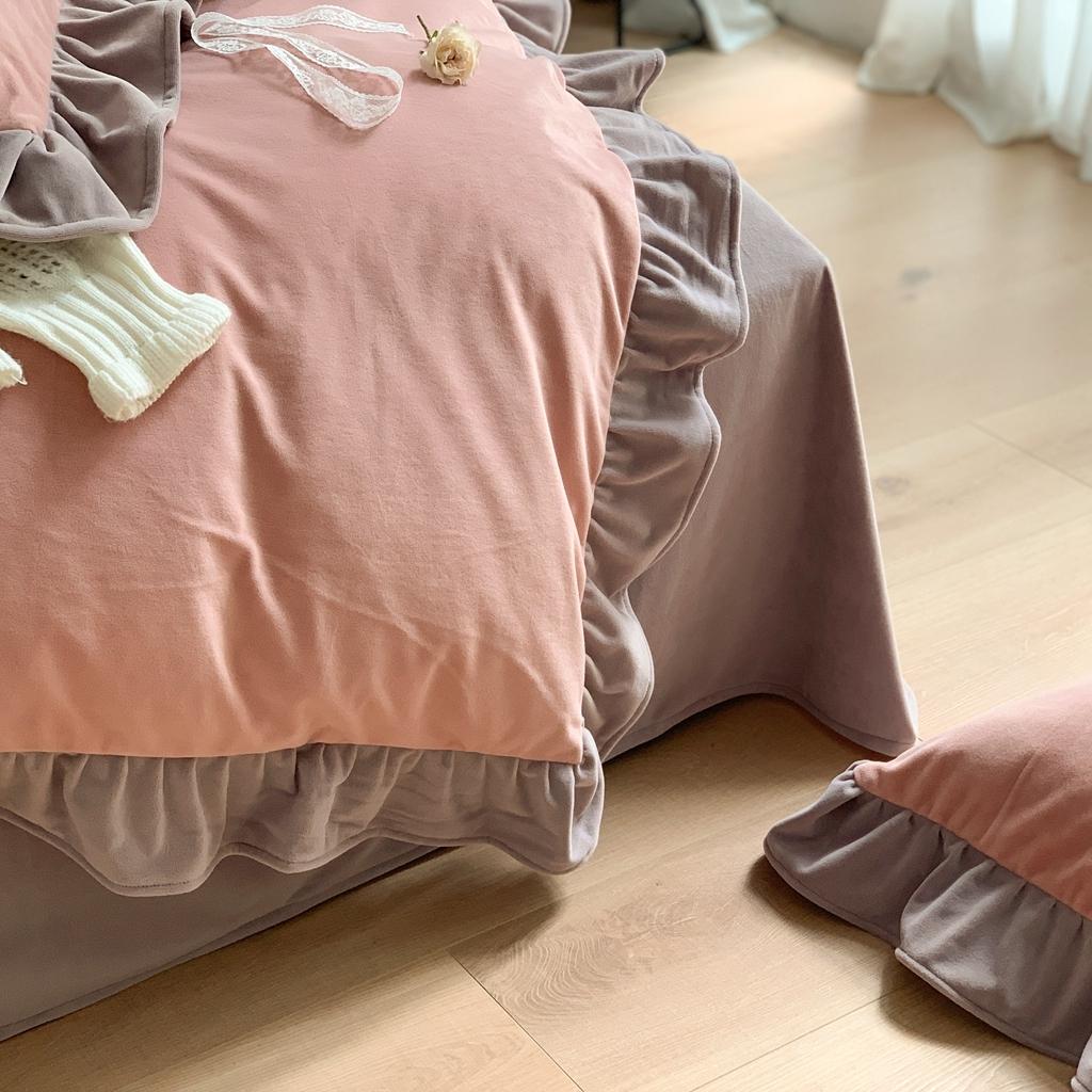 91家纺网 家纺一手货源 找家纺 时年 2021新款婴肤绒纯色花边款四件套 芝芝莓莓