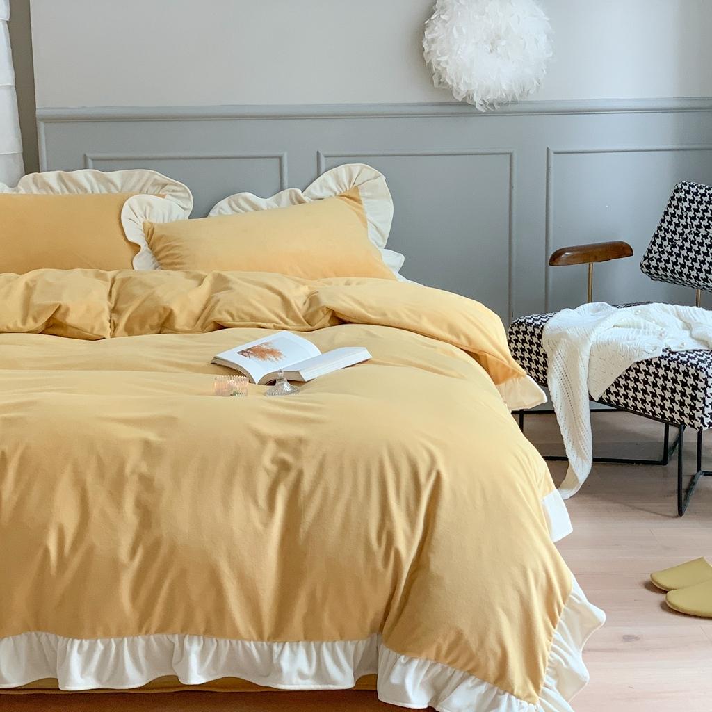 91家纺网 家纺一手货源 找家纺 时年 2021新款婴肤绒纯色花边款四件套 杨枝甘露