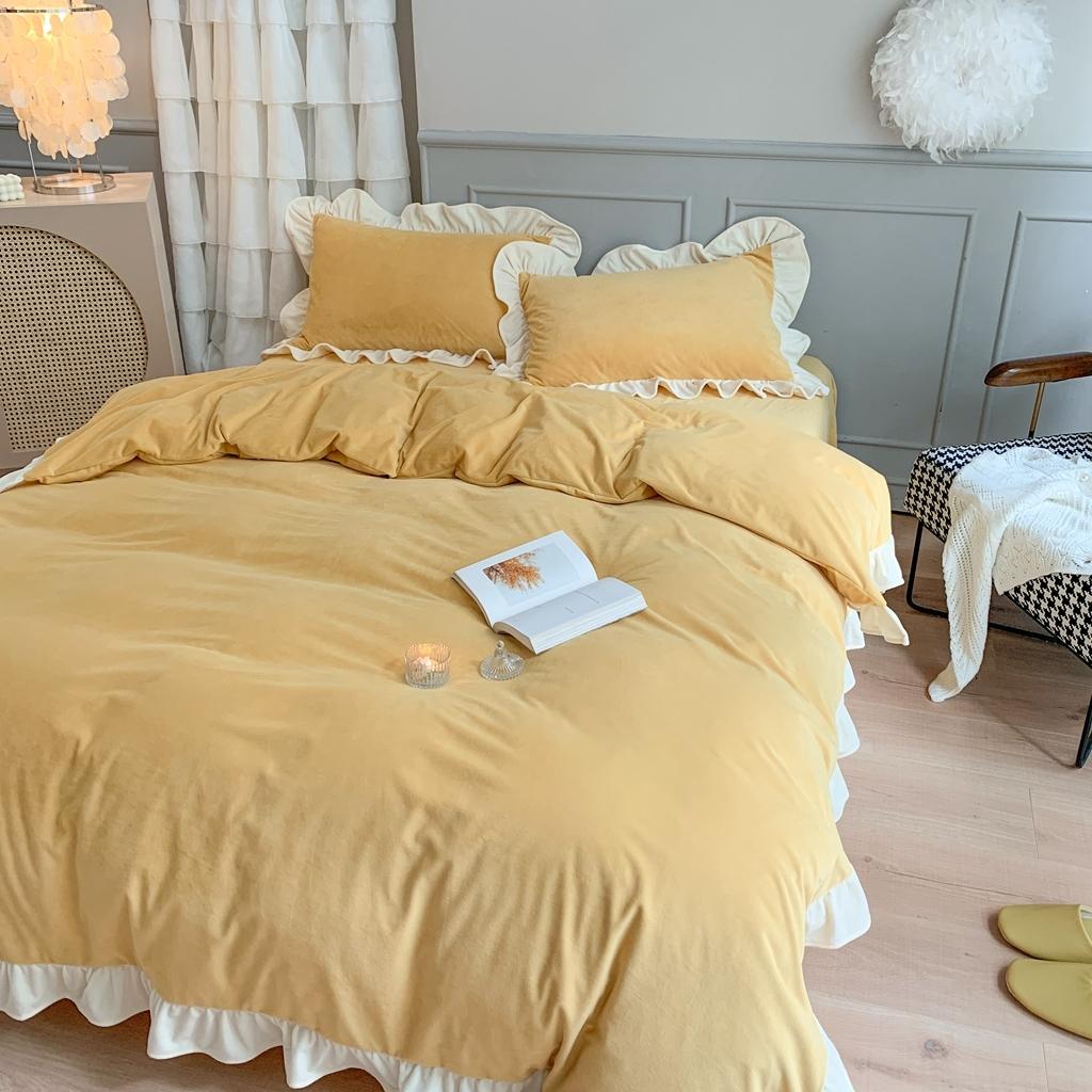 91家纺网 家纺一手货源 找家纺 时年 2021新款婴肤绒纯色花边款四件套 杨枝甘露