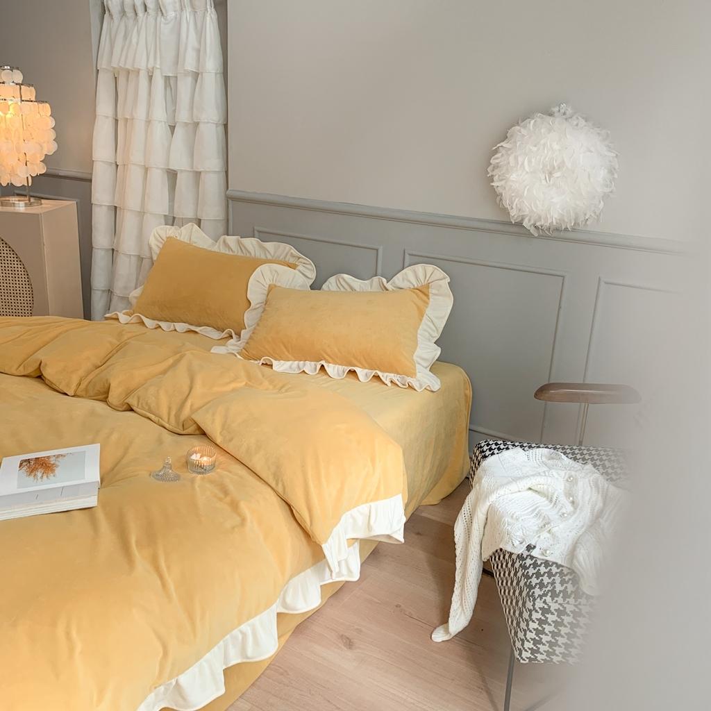 91家纺网 家纺一手货源 找家纺 时年 2021新款婴肤绒纯色花边款四件套 杨枝甘露