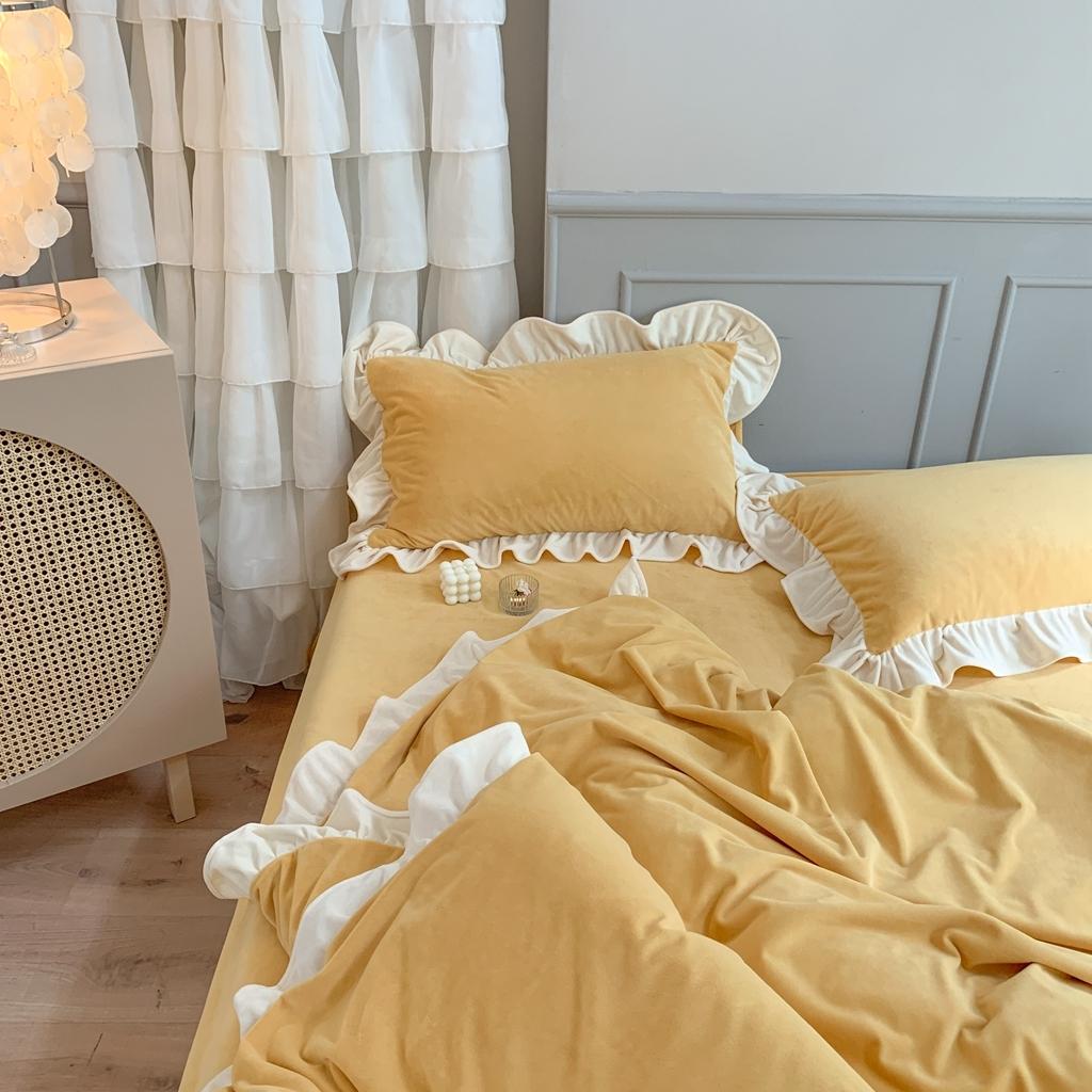 91家纺网 家纺一手货源 找家纺 时年 2021新款婴肤绒纯色花边款四件套 杨枝甘露