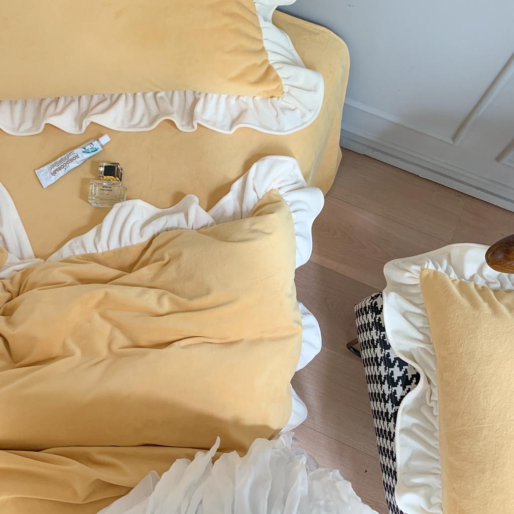 91家纺网 家纺一手货源 找家纺 时年 2021新款婴肤绒纯色花边款四件套 杨枝甘露