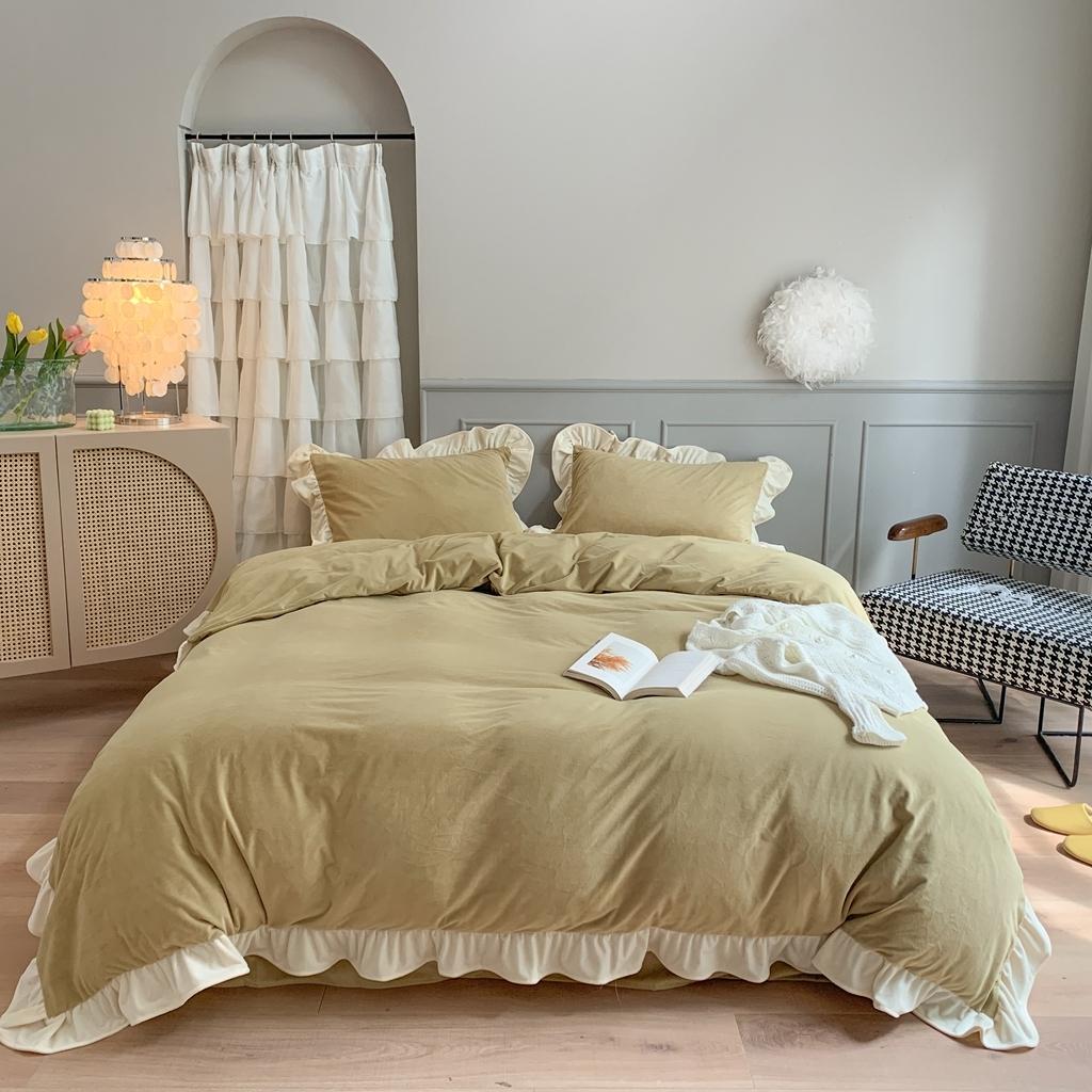 91家纺网 家纺一手货源 找家纺 时年 2021新款婴肤绒纯色花边款四件套 香草抹茶