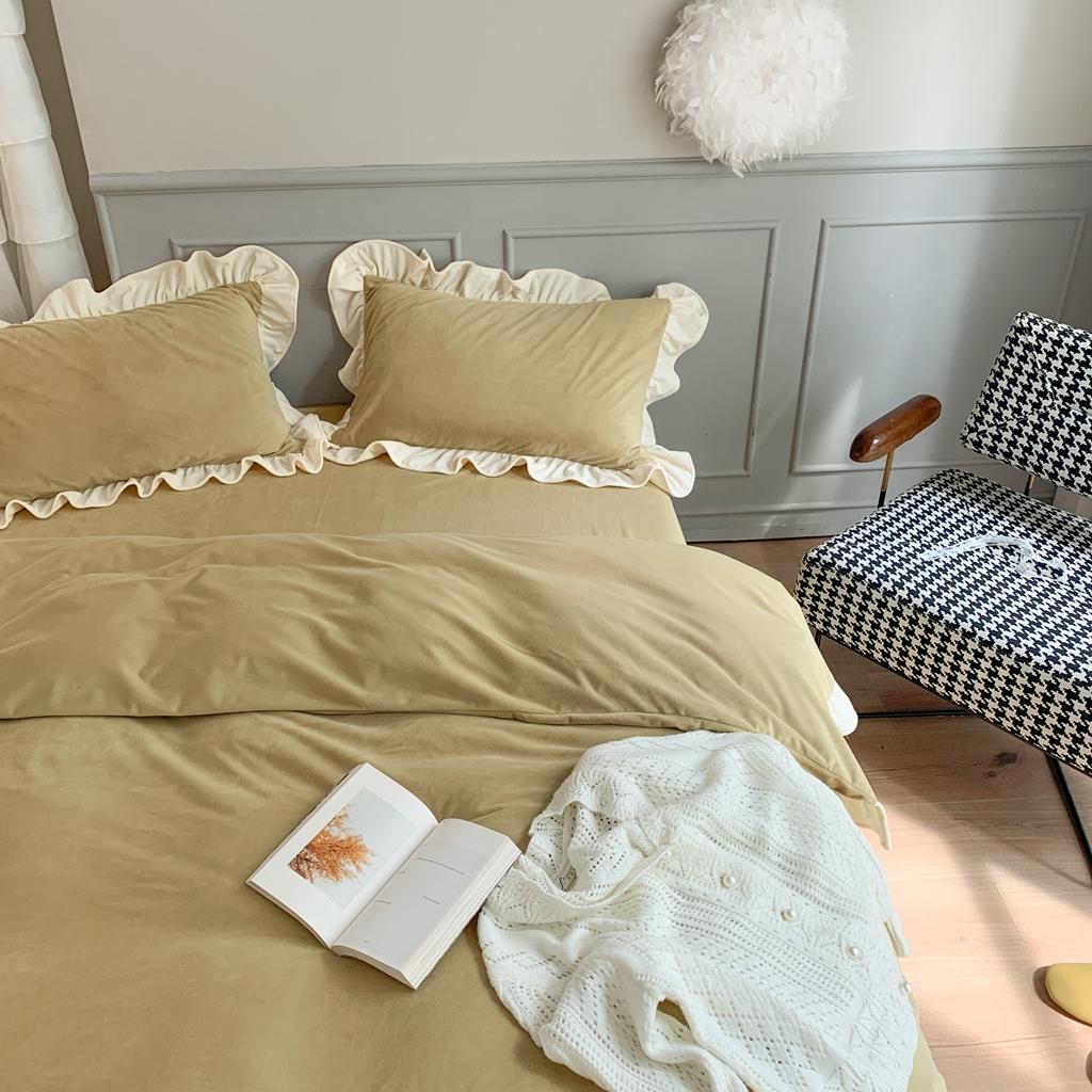 91家纺网 家纺一手货源 找家纺 时年 2021新款婴肤绒纯色花边款四件套 香草抹茶