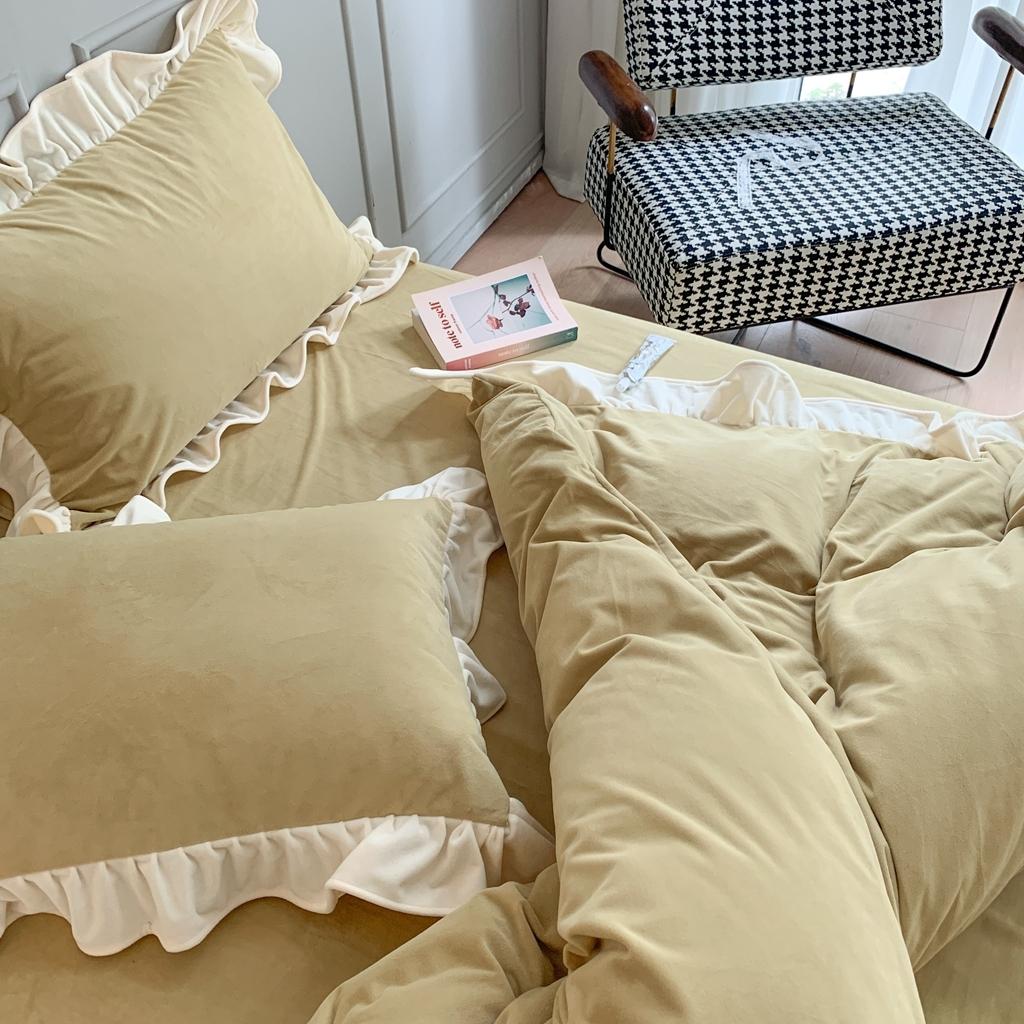 91家纺网 家纺一手货源 找家纺 时年 2021新款婴肤绒纯色花边款四件套 香草抹茶