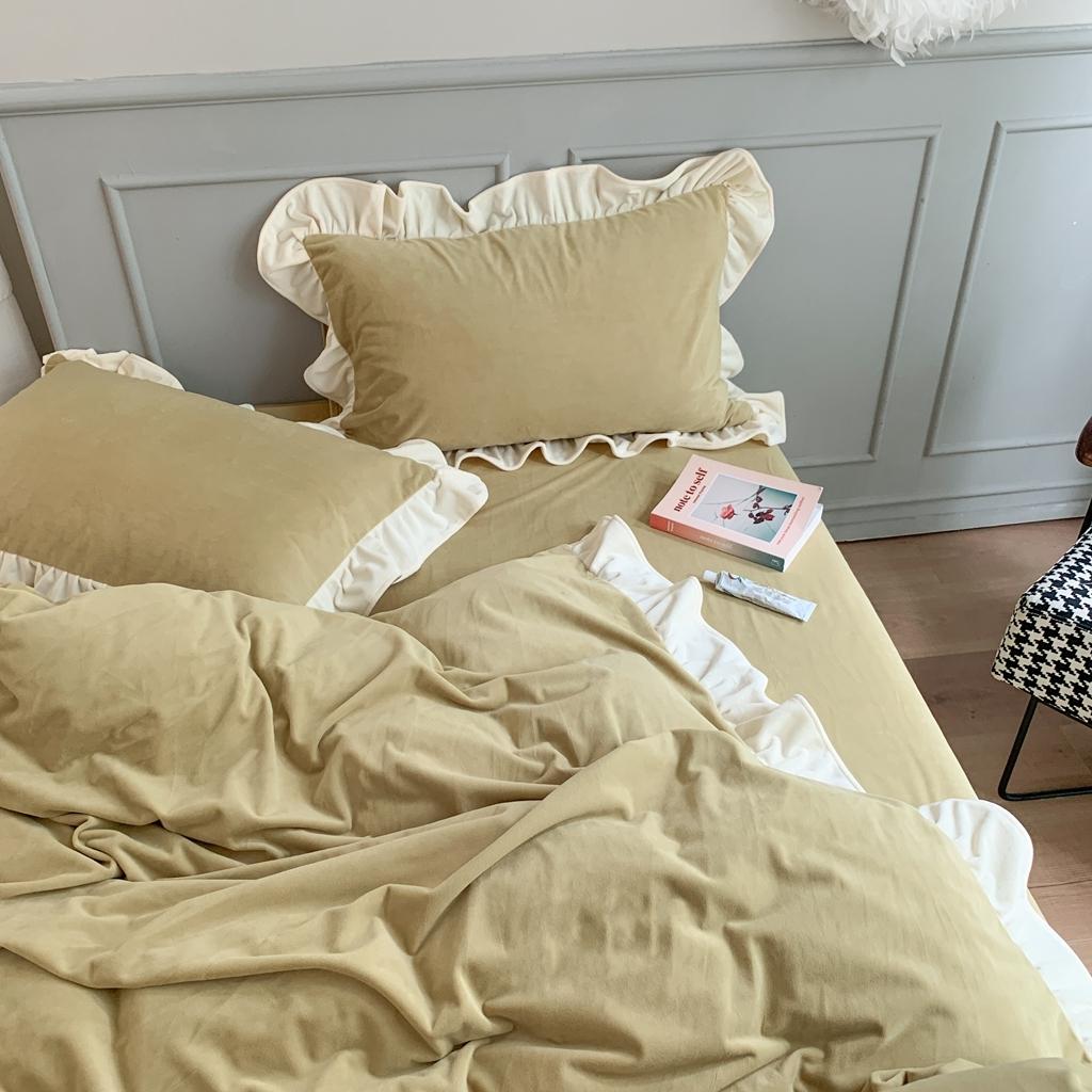 91家纺网 家纺一手货源 找家纺 时年 2021新款婴肤绒纯色花边款四件套 香草抹茶