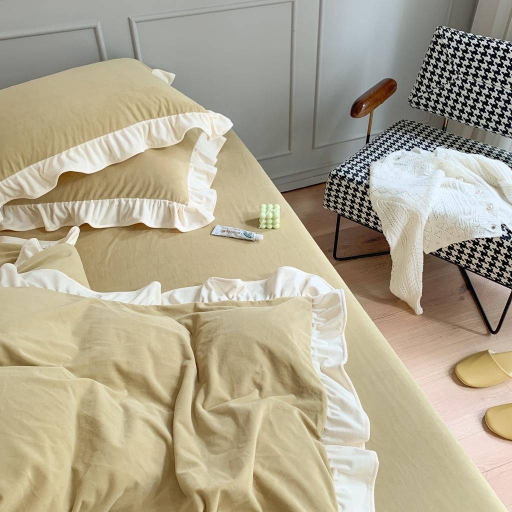 91家纺网 家纺一手货源 找家纺 时年 2021新款婴肤绒纯色花边款四件套 香草抹茶